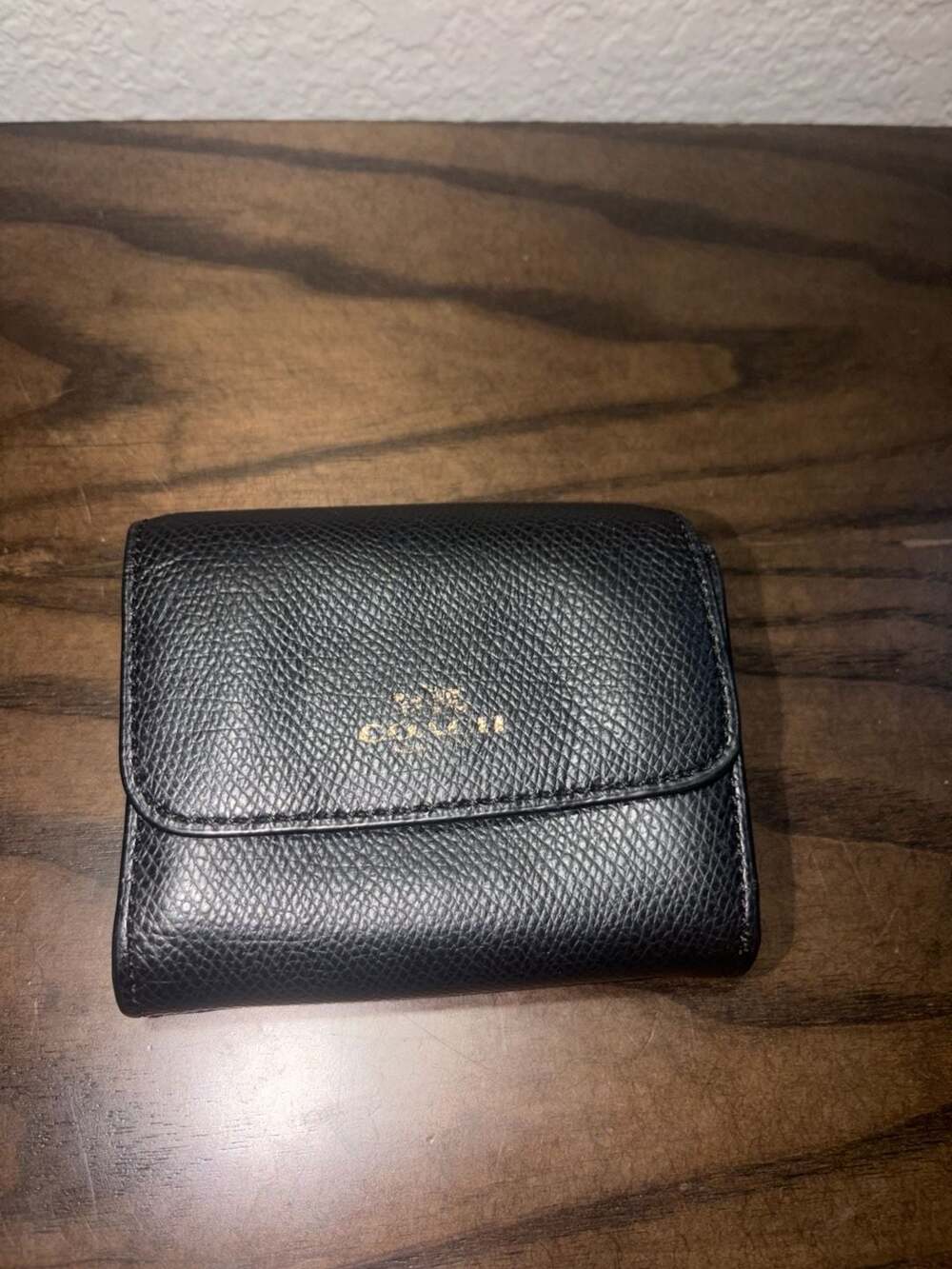 Coach Black Crossgrain Leather Small Trifold Wallet